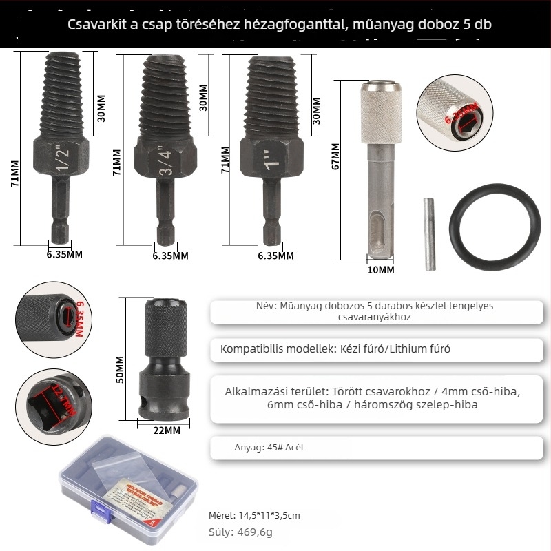 FURONGHUA Thread Breaker Extractor készlet kézi fúróhoz és háromszög alakú vízcső szelephöz, 4/6 menet, 5 darab, 71 mm hosszú, 45# acél