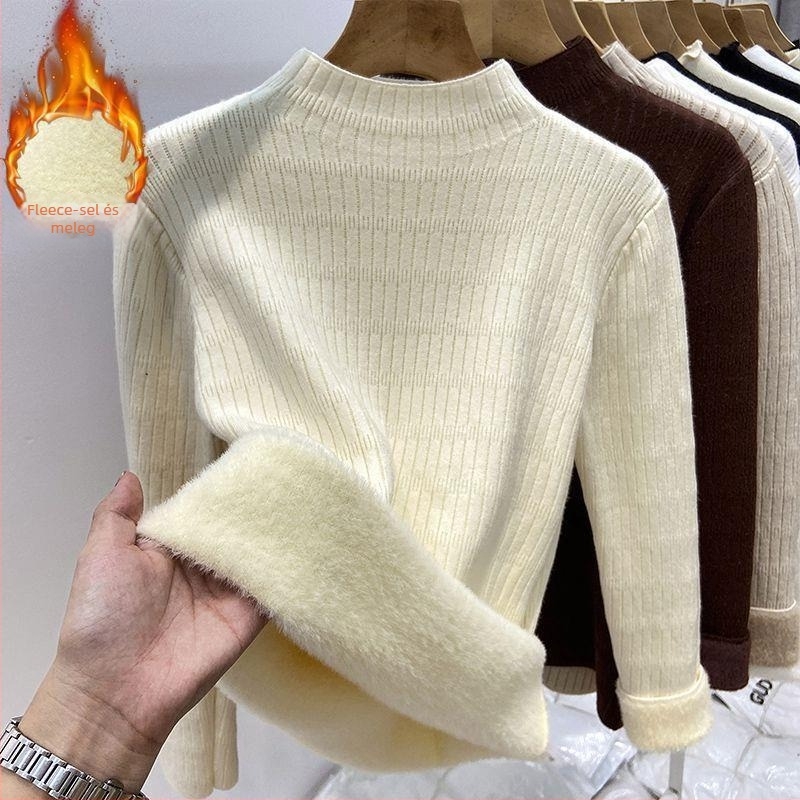 Női báránygyapjú kötött pulóver Ice Silk anyaggal, félmagas gallér, hercegnő-stílusú ujjak, közepes vastagság