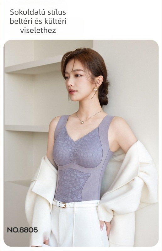 Női termikus mellény mellkas párnázással, bársony csipkével, dupla réteg, V-nyakú, testformáló – alapréteg