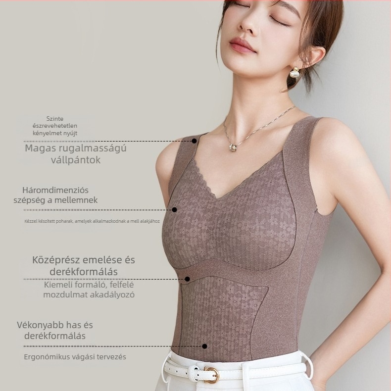 Női termikus mellény mellkas párnázással, bársony csipkével, dupla réteg, V-nyakú, testformáló – alapréteg