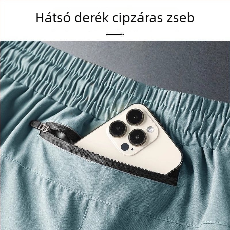 Férfi futó rövidnadrág telefontartó zsebbel, gyorsan száradó, 3/4 hossz, légáteresztő ice-silk anyag nyárra és maratonra