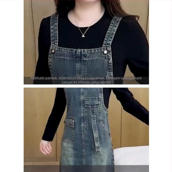 Farmer anyagú pántos ruha, középmagas hosszúságú, nagy zsebek, mosott denim, patchwork részletek