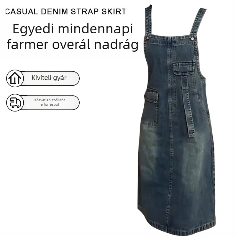 Farmer anyagú pántos ruha, középmagas hosszúságú, nagy zsebek, mosott denim, patchwork részletek