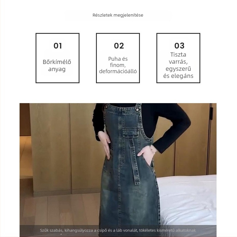 Farmer anyagú pántos ruha, középmagas hosszúságú, nagy zsebek, mosott denim, patchwork részletek