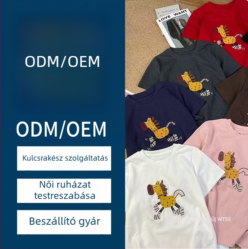 Női pamut póló, 100% pamut, pulóver-stílus, rövid ujjú, nyomtatott minta, hímzett részlet