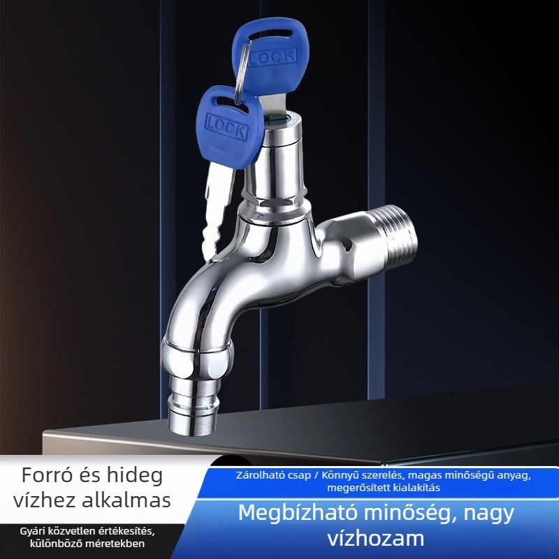 Zárható mosógép csaptele kulccsal, réztest, modell LZW-1104, falba szerelt, 4 pontos be- és kimenet átmérő, kerámia korongos szelep