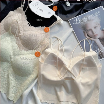Vállpánt nélküli csipkés camisole – francia elegáns virágos csipkével, teljes kosár, vékony formázott kosár, nylon anyag