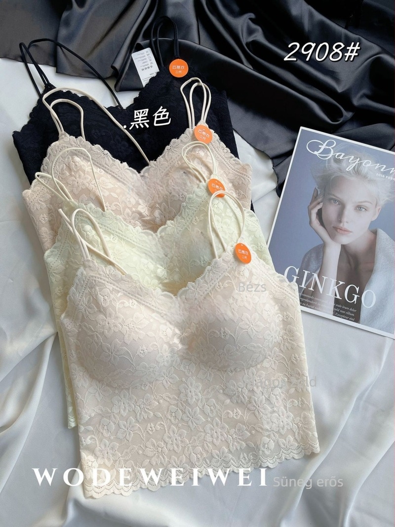 Vállpánt nélküli csipkés camisole – francia elegáns virágos csipkével, teljes kosár, vékony formázott kosár, nylon anyag