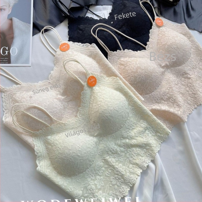 Vállpánt nélküli csipkés camisole – francia elegáns virágos csipkével, teljes kosár, vékony formázott kosár, nylon anyag