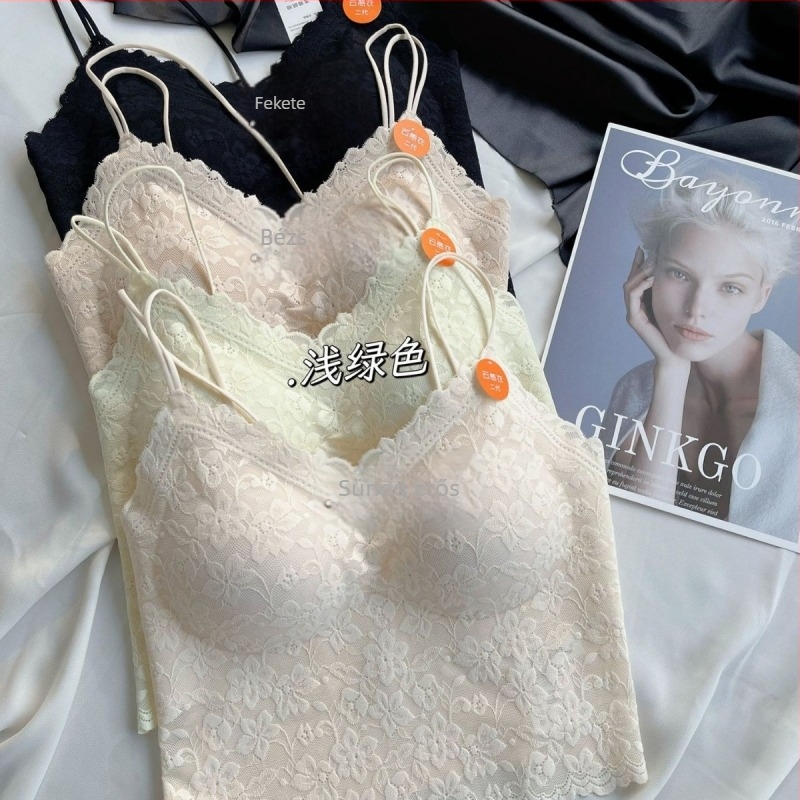 Vállpánt nélküli csipkés camisole – francia elegáns virágos csipkével, teljes kosár, vékony formázott kosár, nylon anyag