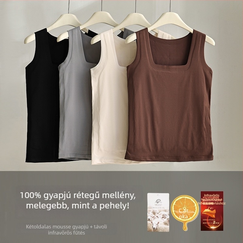 Női gyapjú alapú meleg mellény, háromrétegű szigeteléssel, varrat nélküli belső alapréteg, őszi–téli időszakra, védelem deréknál és a hátnál