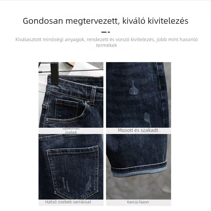 Férfi denim rövidnadrág - slim fit, elasztikus, szakadt