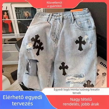 Keresztben repesztett farmer rövidnadrág kopott szélekkel, mosott, nyári lezser megjelenéshez, egyenes szabás, koreai stílus (Poliészter rost, 65% poliészter; egyenes szabás; Nyár)