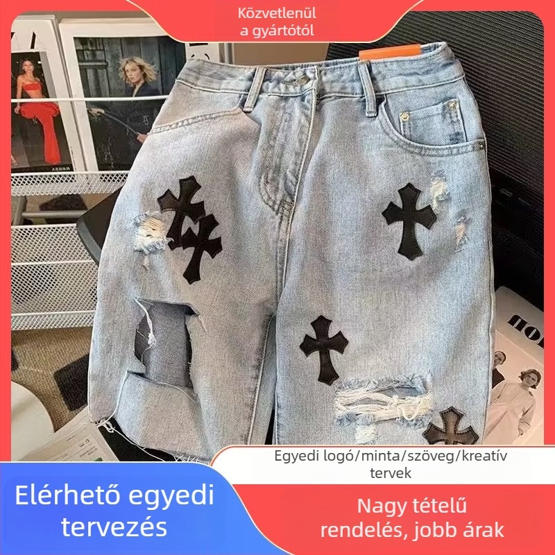 Keresztben repesztett farmer rövidnadrág kopott szélekkel, mosott, nyári lezser megjelenéshez, egyenes szabás, koreai stílus (Poliészter rost, 65% poliészter; egyenes szabás; Nyár)