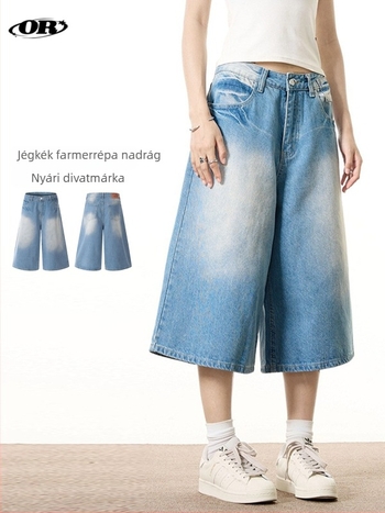 OREETA Amerikai vintage denim rövidnadrág, széles szár, cropped hossz, 85% pamut 15% poliészter, retro stílus