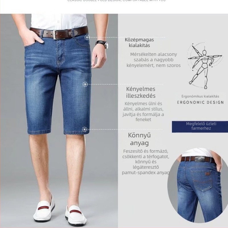 Férfiaknak lazán szabott denim rövidnadrág, középmagasságú derék, cipzáras, egyenes szár, nyár, 85% poliészter