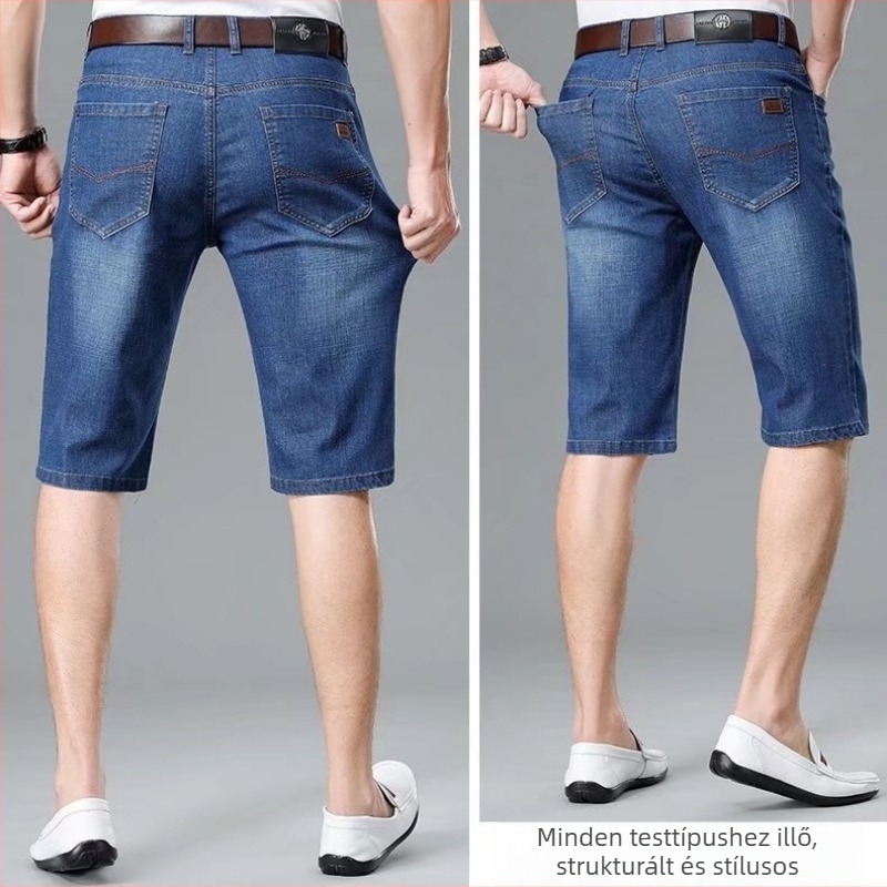 Férfiaknak lazán szabott denim rövidnadrág, középmagasságú derék, cipzáras, egyenes szár, nyár, 85% poliészter