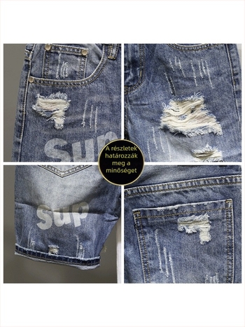 Férfi denim rövidnadrág, slim-fit, kopott hatás, középmagas derék, koreai stílus, hip-hop