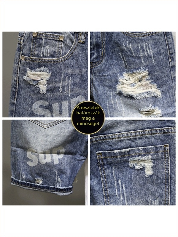 Férfi denim rövidnadrág, slim-fit, kopott hatás, középmagas derék, koreai stílus, hip-hop