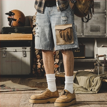 Jayleno amerikai retro denim rövidnadrág férfiaknak – laza szabás, nagy méret, szakadt részletek, munkaruha-stílus, középméretű hosszúság