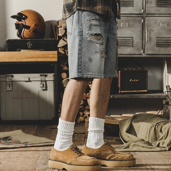 Jayleno amerikai retro denim rövidnadrág férfiaknak – laza szabás, nagy méret, szakadt részletek, munkaruha-stílus, középméretű hosszúság