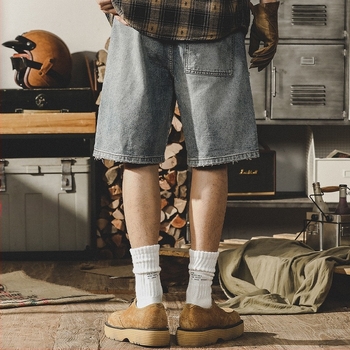 Jayleno amerikai retro denim rövidnadrág férfiaknak – laza szabás, nagy méret, szakadt részletek, munkaruha-stílus, középméretű hosszúság
