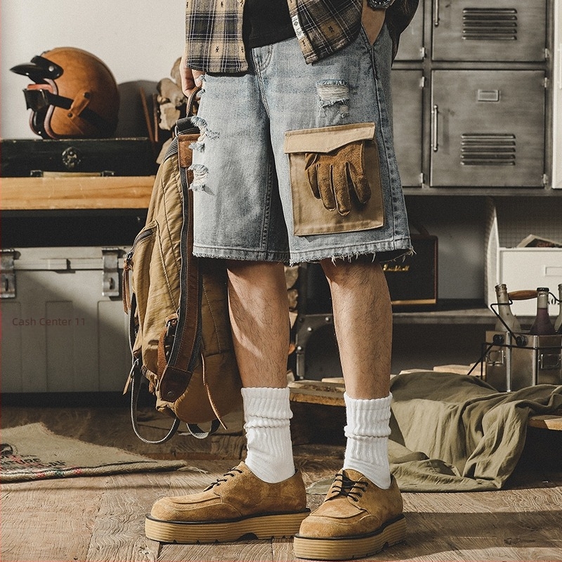 Jayleno amerikai retro denim rövidnadrág férfiaknak – laza szabás, nagy méret, szakadt részletek, munkaruha-stílus, középméretű hosszúság