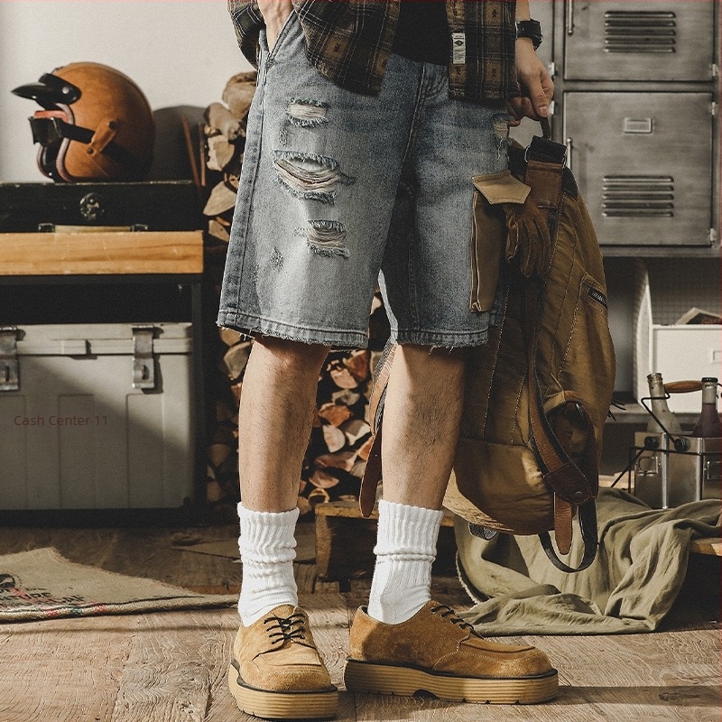 Jayleno amerikai retro denim rövidnadrág férfiaknak – laza szabás, nagy méret, szakadt részletek, munkaruha-stílus, középméretű hosszúság