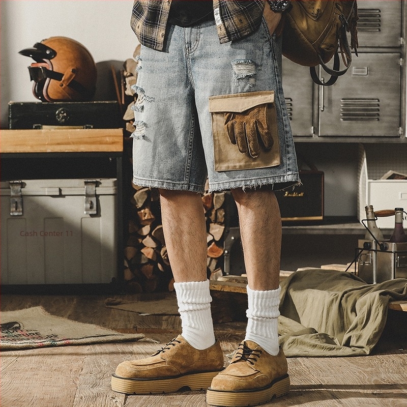 Jayleno amerikai retro denim rövidnadrág férfiaknak – laza szabás, nagy méret, szakadt részletek, munkaruha-stílus, középméretű hosszúság