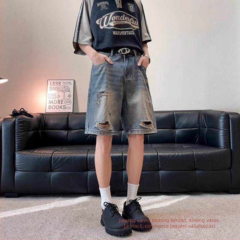 Vintage szakadt farmer rövidnadrág - magas derék, laza szabás, közepes hosszúságú (denim, magas derék, laza szabás, kopott hatás, nyár)