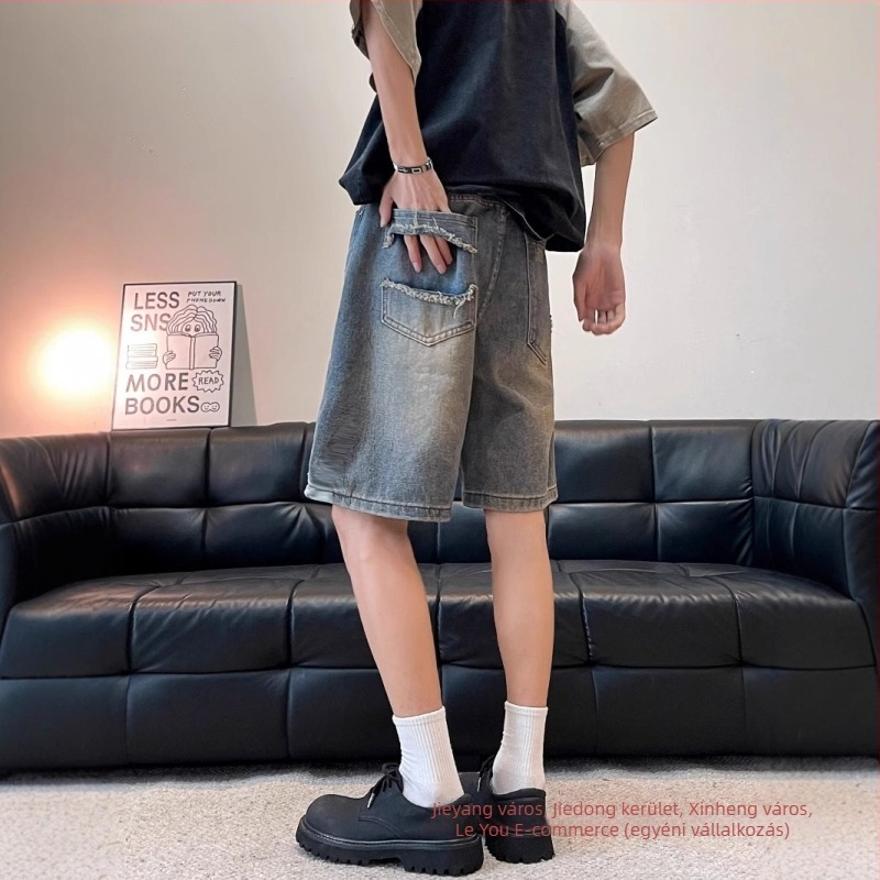 Vintage szakadt farmer rövidnadrág - magas derék, laza szabás, közepes hosszúságú (denim, magas derék, laza szabás, kopott hatás, nyár)