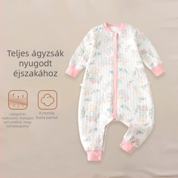 Gyerekeknek készült steppelt hálózsák pamut anyagból, belső pamut bélés, poliészter töltet, szétválasztható lábakkal kialakítás, állatmintás; téli, tavaszi és őszi időszakokra