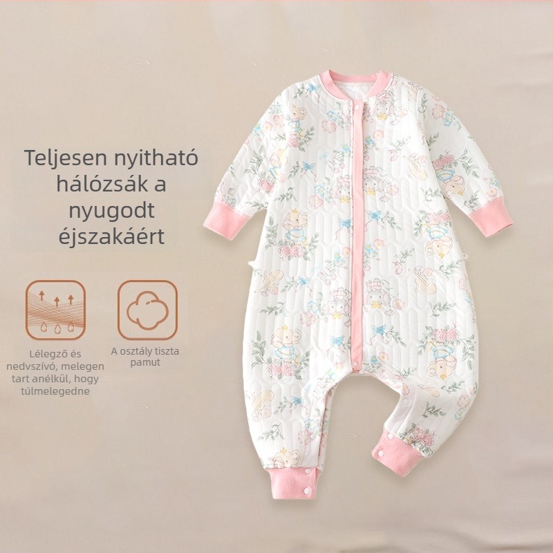 Gyerekeknek készült steppelt hálózsák pamut anyagból, belső pamut bélés, poliészter töltet, szétválasztható lábakkal kialakítás, állatmintás; téli, tavaszi és őszi időszakokra