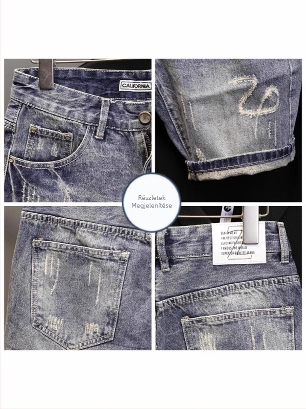 Férfi denim rövidnadrág, karcsú szabás, szaggatott részlet, koreai streetwear stílus, nyár, poliészter keverék