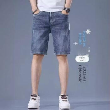 Férfi denim rövidnadrág, egyenes szabás, középmagasságú derék, zipzár, mikro-stretch