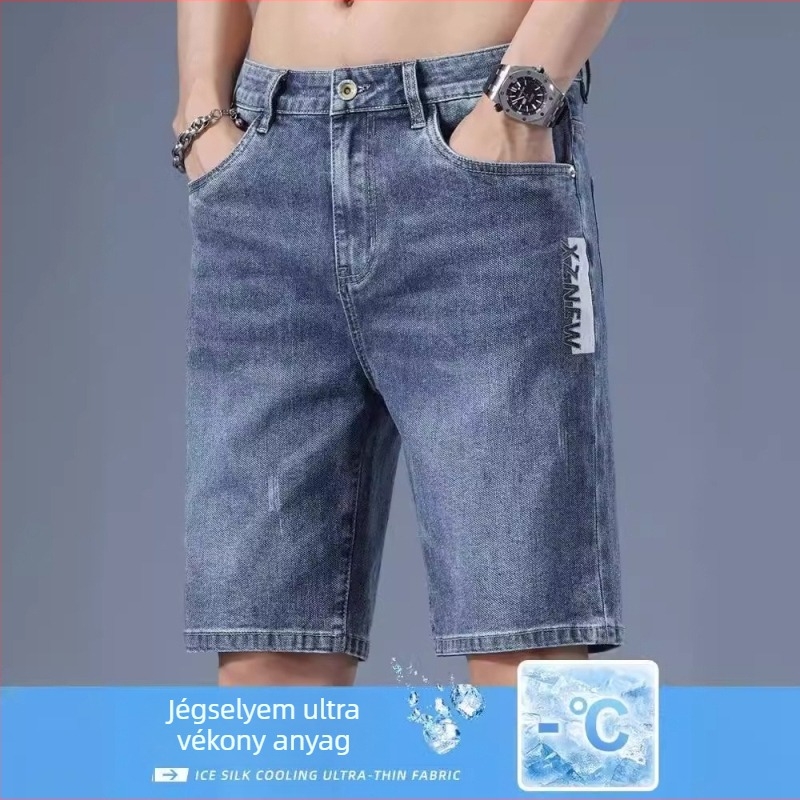 Férfi denim rövidnadrág, egyenes szabás, középmagasságú derék, zipzár, mikro-stretch