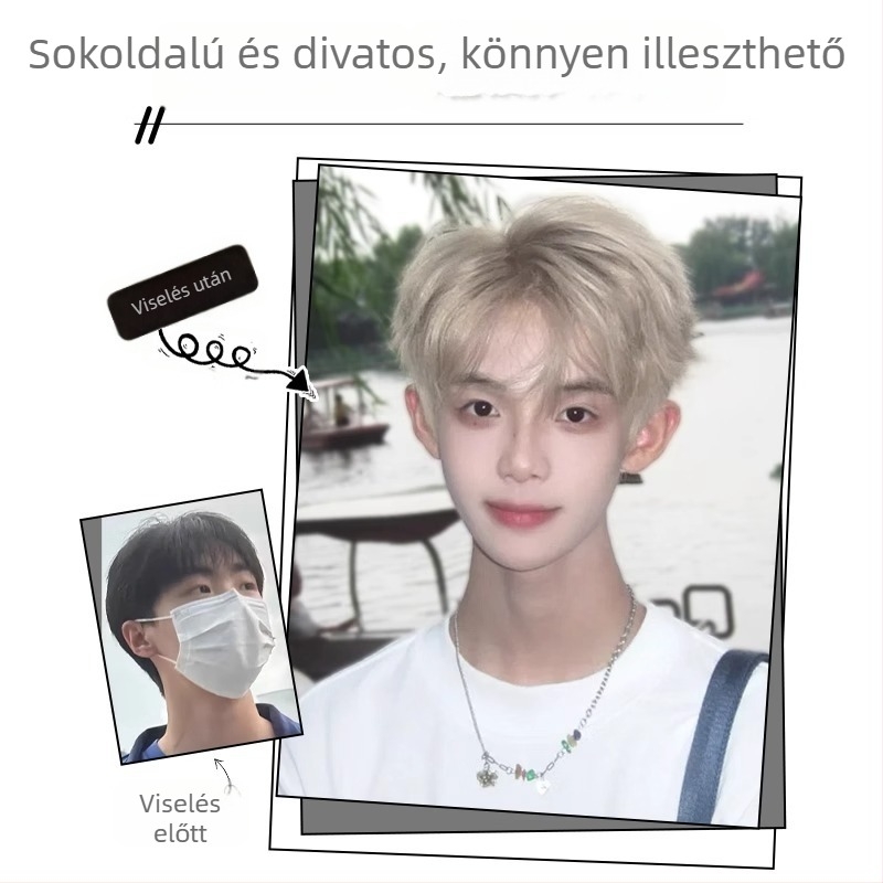 Férfi paróka rövid, egyenes hajjal, magas hőálló rost, teljes fejkagyló, univerzális illeszkedés, mechanikus feldolgozás