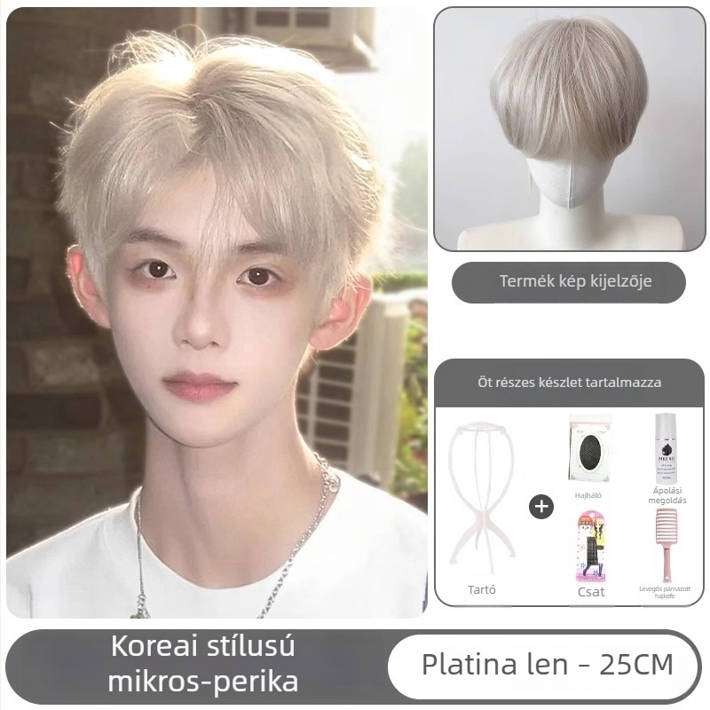 Férfi paróka rövid, egyenes hajjal, magas hőálló rost, teljes fejkagyló, univerzális illeszkedés, mechanikus feldolgozás