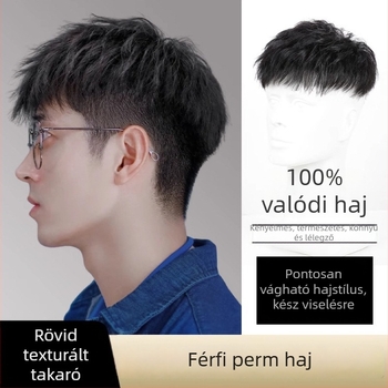 Férfi rövid paróka természetes hajból, teljesen kézzel készített, egyenes, texturált frufruval, könnyű és légáteresztő