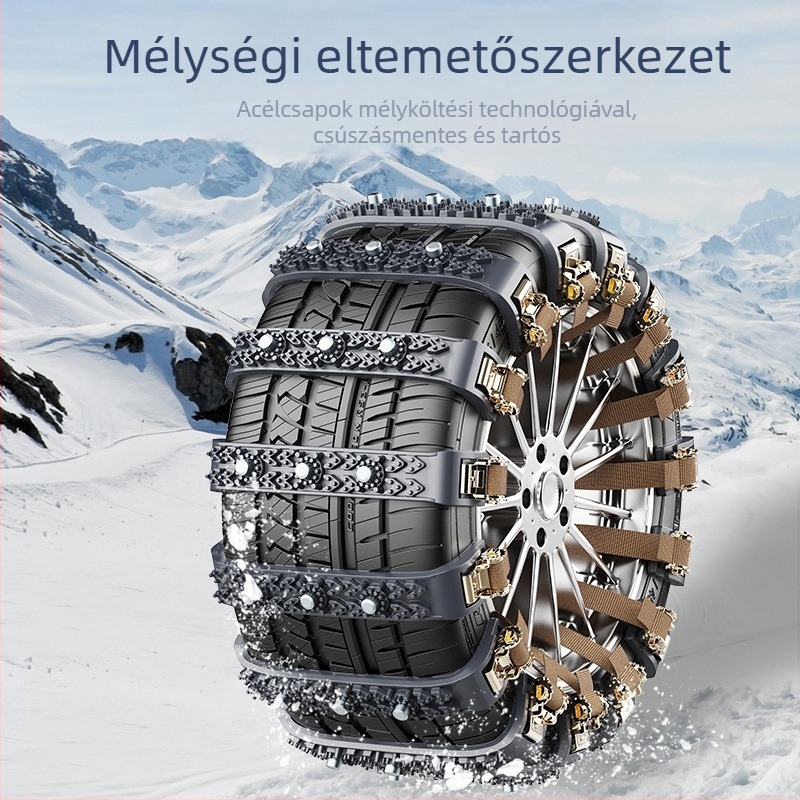 Sürgősségi univerzális tapadó láncok autókhoz és SUV-khez, gumiszélesség 165–245 mm, ATN-C001 modell, egy sor acél szeg, 250 g/rúd