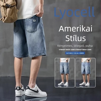 Férfi egyenes szabású farmer rövidnadrág, alacsony derék, cipzáras zárás, kézzel festett, anyag: modal
