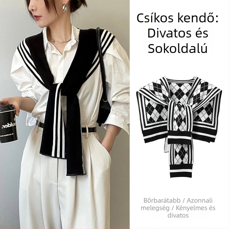 Női kötött sál műgallérral, csíkos mintázat, viszkóz anyag, elegáns kötött stílus, csomóval, minden szezonra