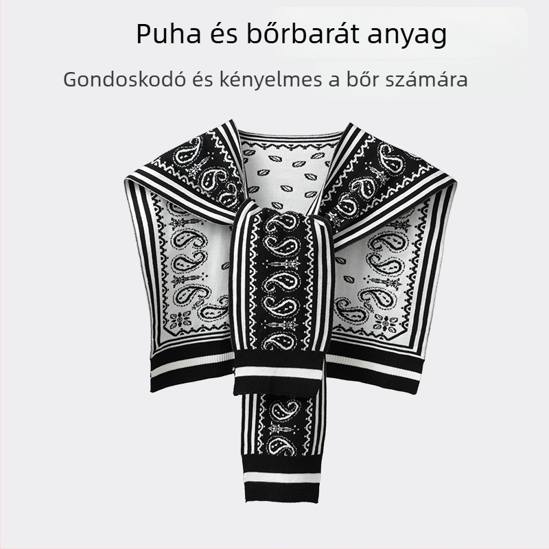 Női kötött sál műgallérral, csíkos mintázat, viszkóz anyag, elegáns kötött stílus, csomóval, minden szezonra