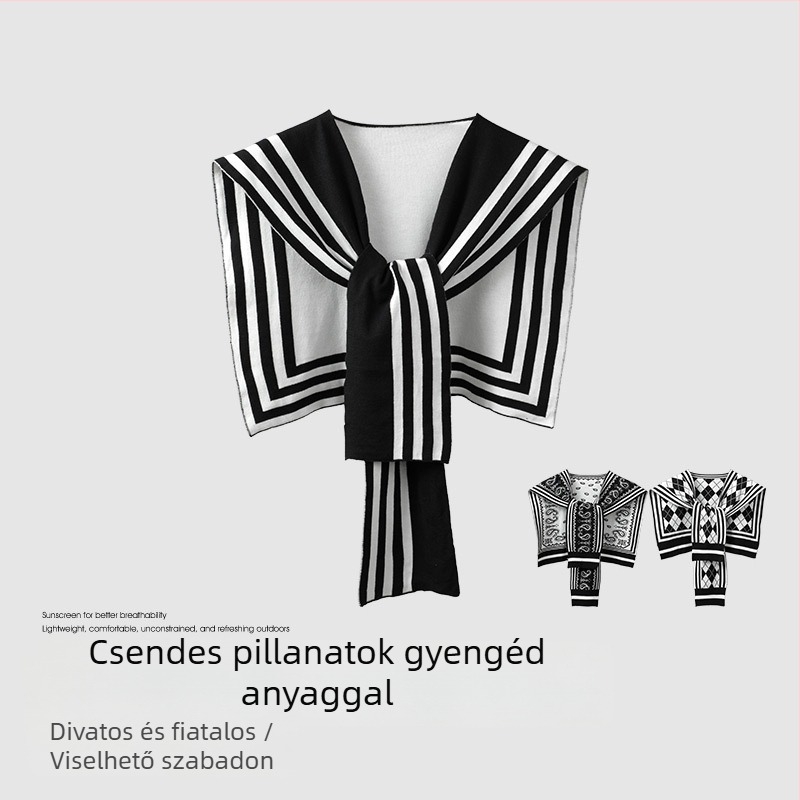 Női kötött sál műgallérral, csíkos mintázat, viszkóz anyag, elegáns kötött stílus, csomóval, minden szezonra