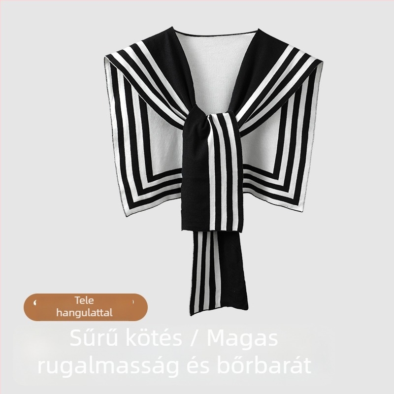 Női kötött sál műgallérral, csíkos mintázat, viszkóz anyag, elegáns kötött stílus, csomóval, minden szezonra