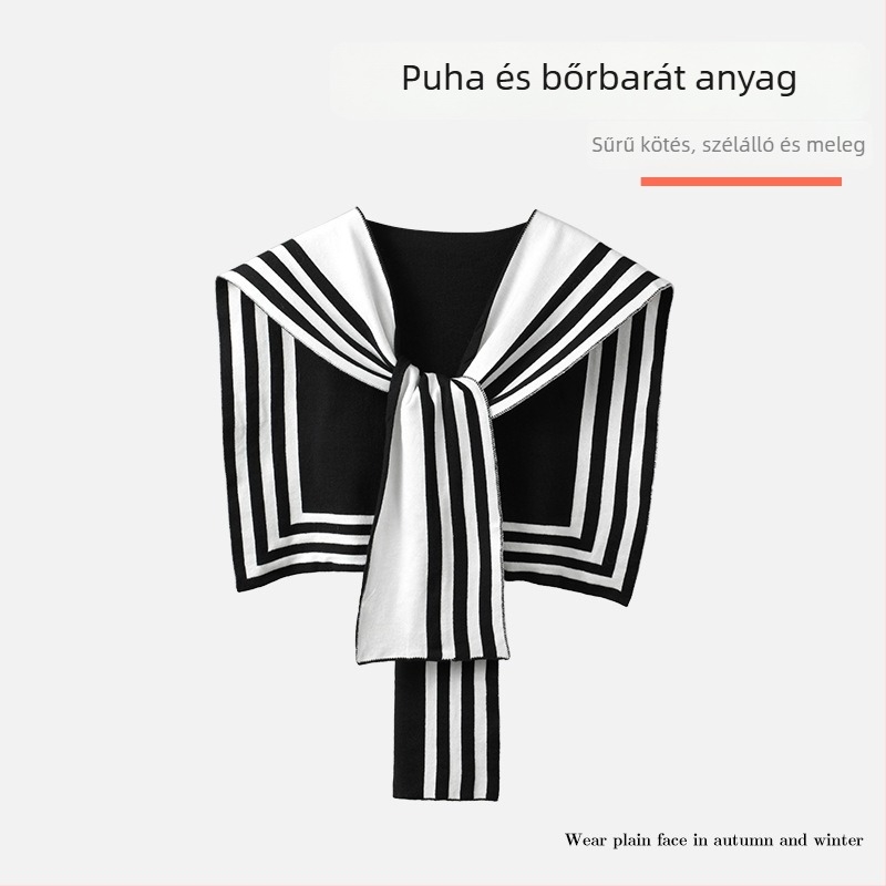 Női kötött sál műgallérral, csíkos mintázat, viszkóz anyag, elegáns kötött stílus, csomóval, minden szezonra