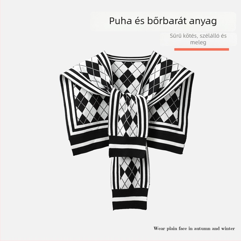 Női kötött sál műgallérral, csíkos mintázat, viszkóz anyag, elegáns kötött stílus, csomóval, minden szezonra