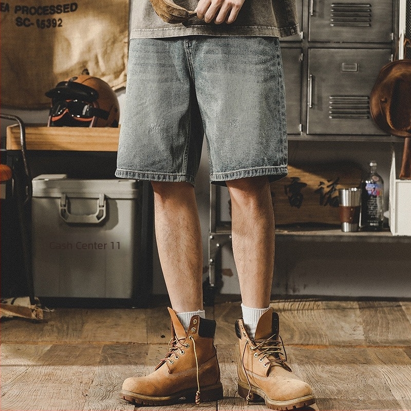Férfi laza szabású farmer rövidnadrág, amerikai stílusú klasszikus, vintázs mosott, plusz méret, nyári casual