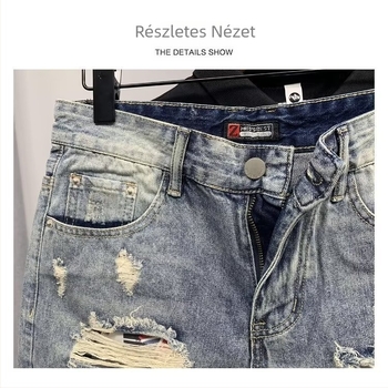 Szakadt denim rövidnadrág, könnyű pamut denim, egyenes szárú, középhosszú, nyár 2024