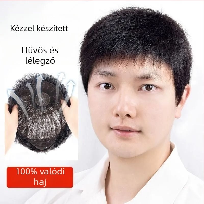 Férfi teljes fejű paróka valódi hajból, rövid hajhosszal, könnyű és lélegző, teljesen kézzel kötött, modell Maomao, természetes megjelenés, fedés az őszülésre, festhető